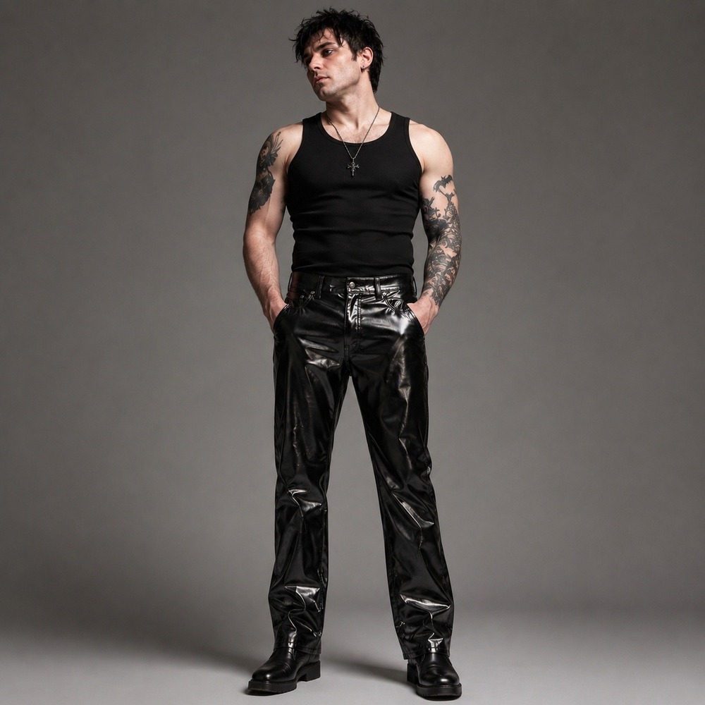 Tripp NYC Pants Faux Leather Vinyl Mens Black 36 Straight Leg Goth VM334M